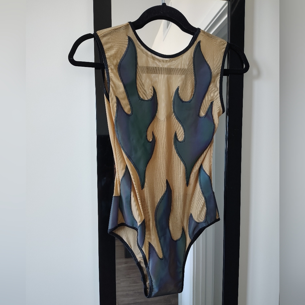 Flame Design Bodysuit Reflective Rave Dance Costume Cosplay One Piece Swimsuit